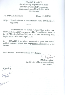 Subject: Guidelines for Procurement of Hindi Feature Films for Telecast on Various Channels of Doordarshan on Payment of Royalty