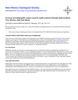 Lexicon of Stratigraphic Names Used in South-Central Colorado Amd Northern New Mexico, San Luis Basin Christina Lochman-Balk and James E