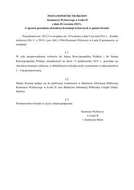 POSTANOWIENIE NR 584/2019 Komisarza Wyborczego W Łodzi II Z Dnia 20 Września 2019 R. W Sprawie Powołania Obwodowych Komisji Wyborczych W Gminie Strzelce