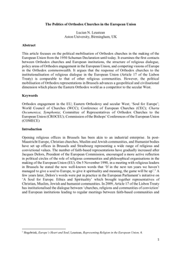 The Politics of Orthodox Churches in the European Union Lucian N. Leustean Aston University, Birmingham, UK Abstract This Articl