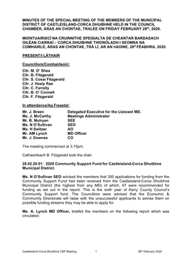 Minutes of Castleisland/Corca Dhuibhne MD Meeting 28 February 2020