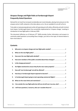 Airspace Change and Flight Paths at Farnborough Airport Frequently Asked Questions Contents