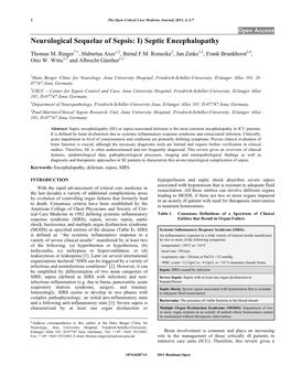 Neurological Sequelae of Sepsis: I) Septic Encephalopathy