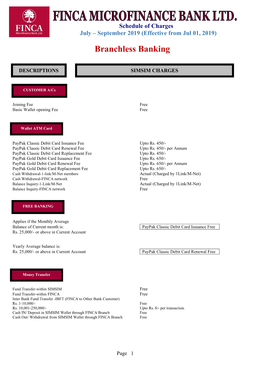 Schedule of Charges – Branchless Banking (Jul to Sep 2019)
