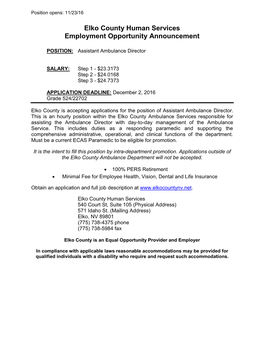 Elko County Human Services Employment Opportunity Announcement