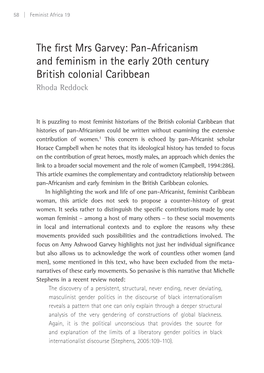 Pan-Africanism and Feminism in the Early 20Th Century British Colonial Caribbean Rhoda Reddock