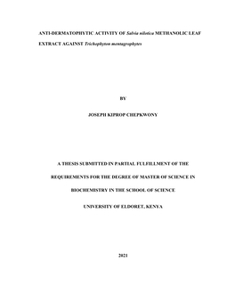 ANTI-DERMATOPHYTIC ACTIVITY of Salvia Nilotica METHANOLIC LEAF EXTRACT AGAINST Trichophyton Mentagrophytes by JOSEPH KIPROP CHEP