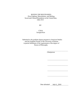 BOXING the BOUNDARIES: Prize Fighting, Masculinities, and Shifting Social and Cultural Boundaries in the United State, 1882-1913