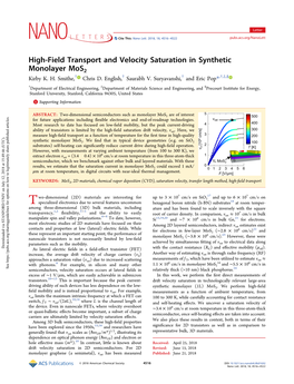 High-Field Transport and Velocity Saturation in Synthetic Monolayer Mos2 † † † † ‡ § Kirby K