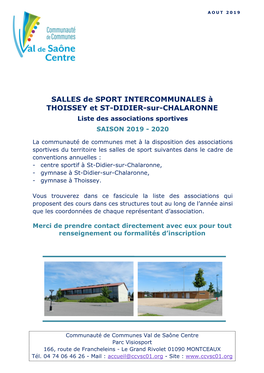 SALLES De SPORT INTERCOMMUNALES À THOISSEY Et ST-DIDIER-Sur-CHALARONNE Liste Des Associations Sportives SAISON 2019 - 2020