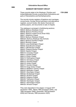 Oxfordshire Record Office NM4 BANBURY METHODIST CIRCUIT 1 These Records Relate to the Wesleyan, Primitive and United Methodist C