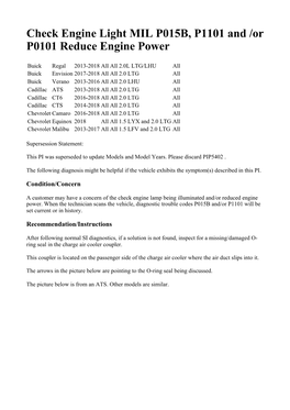 Check Engine Light MIL P015B, P1101 and /Or P0101 Reduce Engine Power