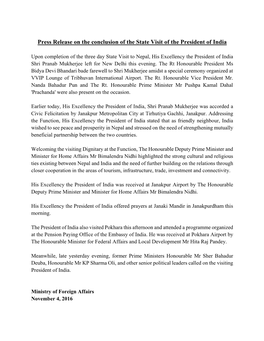 Press Release on the Conclusion of the State Visit of the President of India