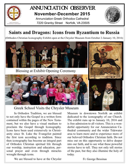 ANNUNCIATION OBSERVER November-December 2015 Annunciation Greek Orthodox Cathedral 7220 Granby Street Norfolk, VA 23505