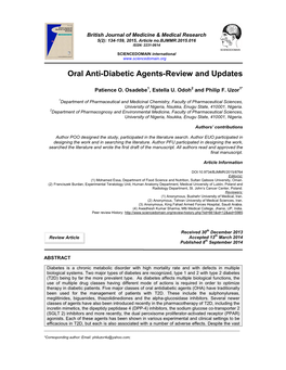 Oral Anti-Diabetic Agents-Review and Updates