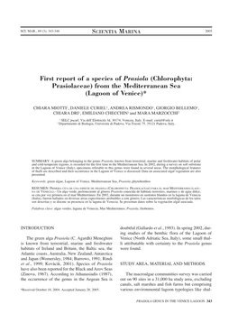 First Report of a Species of Prasiola (Chlorophyta: Prasiolaceae) from the Mediterranean Sea (Lagoon of Venice)*