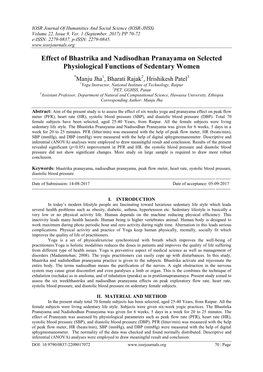 Effect of Bhastrika and Nadisodhan Pranayama on Selected Physiological Functions of Sedentary Women