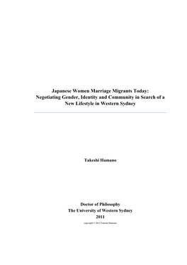 Japanese Women Marriage Migrants Today: Negotiating Gender, Identity and Community in Search of a New Lifestyle in Western Sydney