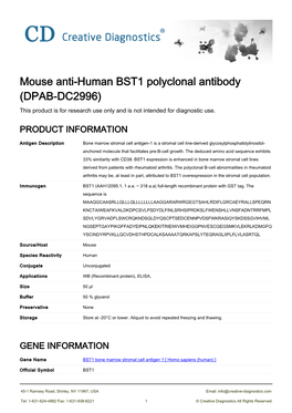 Mouse Anti-Human BST1 Polyclonal Antibody (DPAB-DC2996) This Product Is for Research Use Only and Is Not Intended for Diagnostic Use