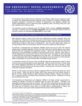 Iom Emergency Needs Assessments Post February 2006 Displacement in Iraq 1 December 2007 Bi-Weekly Report