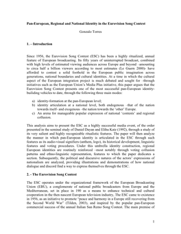 Pan-European, Regional and National Identity in the Eurovision Song Contest, a Paper by Gonzalo Torres