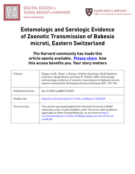 Entomologic and Serologic Evidence of Zoonotic Transmission of Babesia Microti, Eastern Switzerland