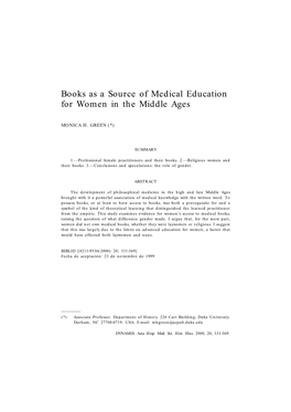 Books As a Source of Medical Education for Women in the Middle Ages