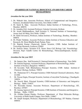 Awardees of National Bioscience Award for Career Development