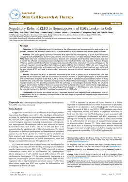 Regulatory Roles of KLF3 in Hematopoiesis of K562 Leukemia