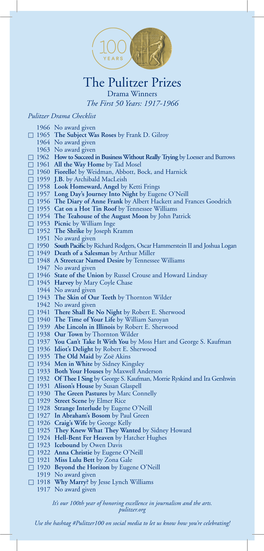 Drama Winners the First 50 Years: 1917-1966 Pulitzer Drama Checklist 1966 No Award Given  1965 the Subject Was Roses by Frank D