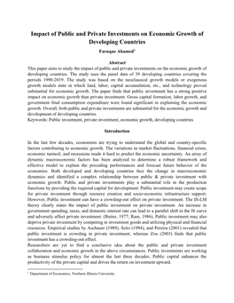 Impact of Public and Private Investments on Economic Growth of Developing Countries Faruque Ahamed1