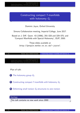 Constructing Compact 7-Manifolds with Holonomy G2 Deforming Small Torsion G2-Structures to Zero Torsion