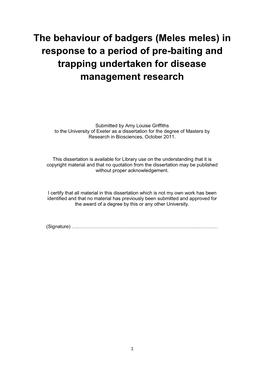 The Behaviour of Badgers (Meles Meles) in Response to a Period of Pre-Baiting and Trapping Undertaken for Disease Management Research