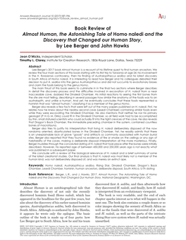 Book Review of Almost Human, the Astonishing Tale of Homo Naledi and the Discovery That Changed Our Human Story, by Lee Berger and John Hawks