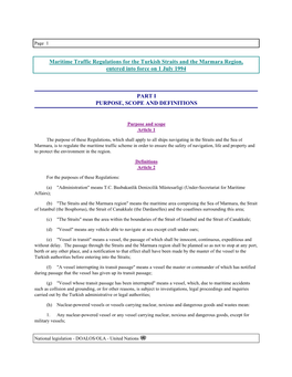 Maritime Traffic Regulations for the Turkish Straits and the Marmara Region, Entered Into Force on 1 July 1994