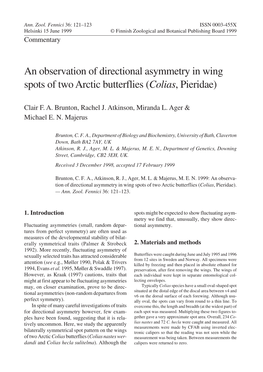 An Observation of Directional Asymmetry in Wing Spots of Two Arctic Butterflies (Colias, Pieridae)