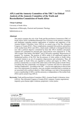 APLA and the Amnesty Committee of the TRC? an Ethical Analysis of the Amnesty Committee of the Truth and Reconciliation Commission of South Africa