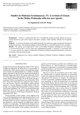 Studies in Malesian Gentianaceae, VI. a Revision of <I>Utania</I> in the Malay Peninsula with Two New Species