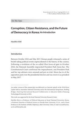 Corruption, Citizen Resistance, and the Future of Democracy in Korea: an Introduction