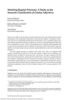 Modeling Regular Polysemy: a Study on the Semantic Classiﬁcation of Catalan Adjectives