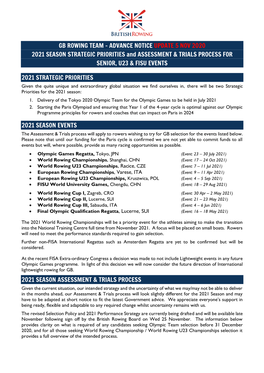 GB ROWING TEAM - ADVANCE NOTICE UPDATE 5 NOV 2020 2021 SEASON STRATEGIC PRIORITIES and ASSESSMENT & TRIALS PROCESS for SENIOR, U23 & FISU EVENTS