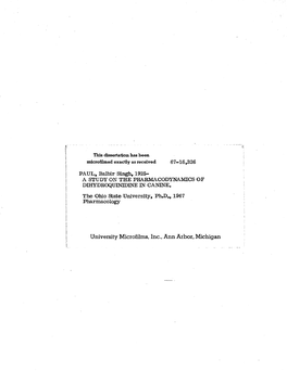 PAUL, Balbir Singh, 1925- a STUDY on the PHARMACODYNAMICS of DIHYDROQUINIDINE in CANINE