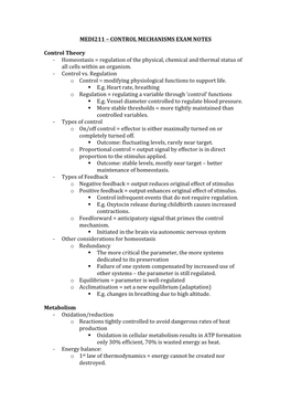 Medi211 – Control Mechanisms Exam Notes