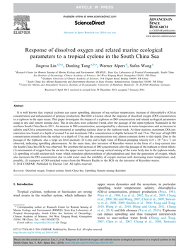 Response of Dissolved Oxygen and Related Marine Ecological Parameters to a Tropical Cyclone in the South China Sea