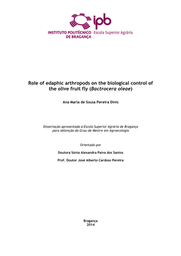 Role of Edaphic Arthropods on the Biological Control of the Olive Fruit Fly (Bactrocera Oleae)