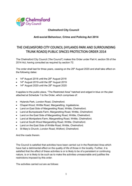 Hylands Park and Surrounding Trunk Roads) Public Spaces Protection Order 2014