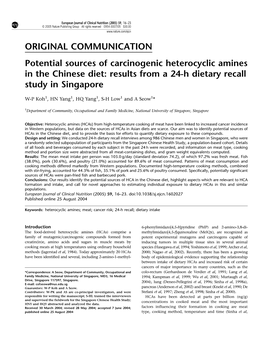 Potential Sources of Carcinogenic Heterocyclic Amines in the Chinese Diet: Results from a 24-H Dietary Recall Study in Singapore