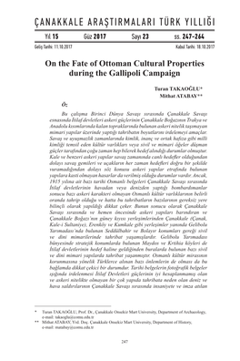 ÇANAKKALE ARAŞTIRMALARI TÜRK YILLIĞI Yıl 15 Güz 2017 Sayı 23 Ss