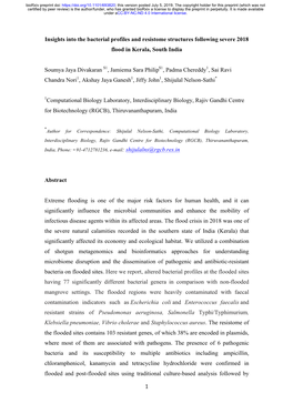 Insights Into the Bacterial Profiles and Resistome Structures Following Severe 2018 Flood in Kerala, South India