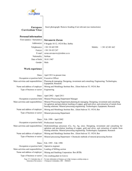 Europass Curriculum Vitae Personal Information Work Experience